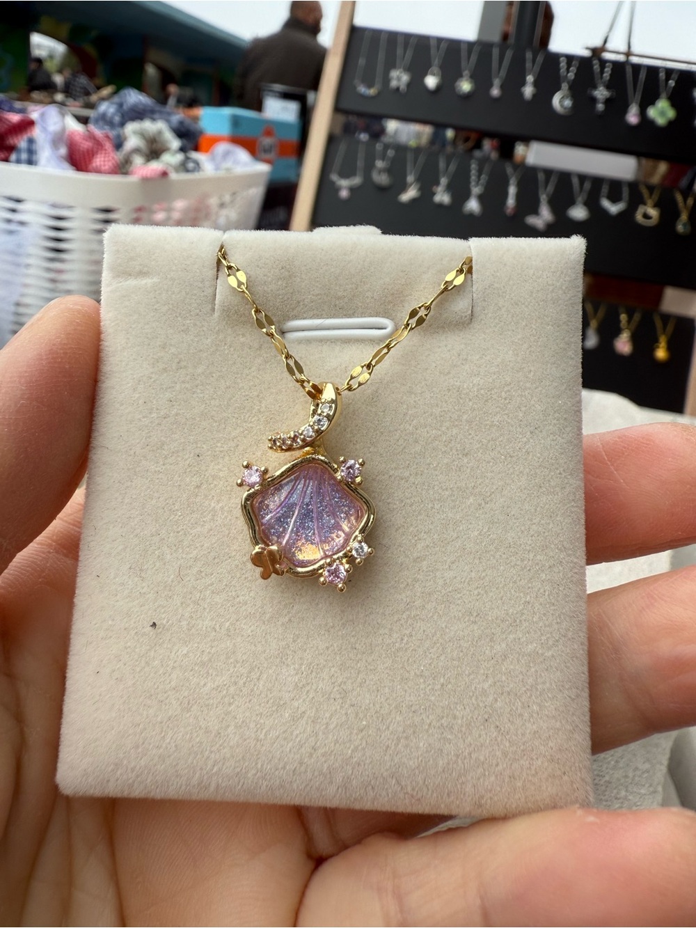 Gold-Tone Pink Shell Pendant Necklace with Crescent Accent